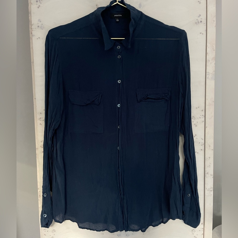Aritzia Babaton Sheer Button Down Shirt in Dark Blue Slate